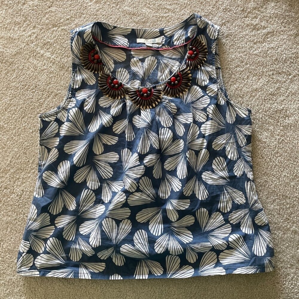 Boden sz 12 Blue Heart Sleeveless Top Wooden Bead Sequin Orange Embellished Tank